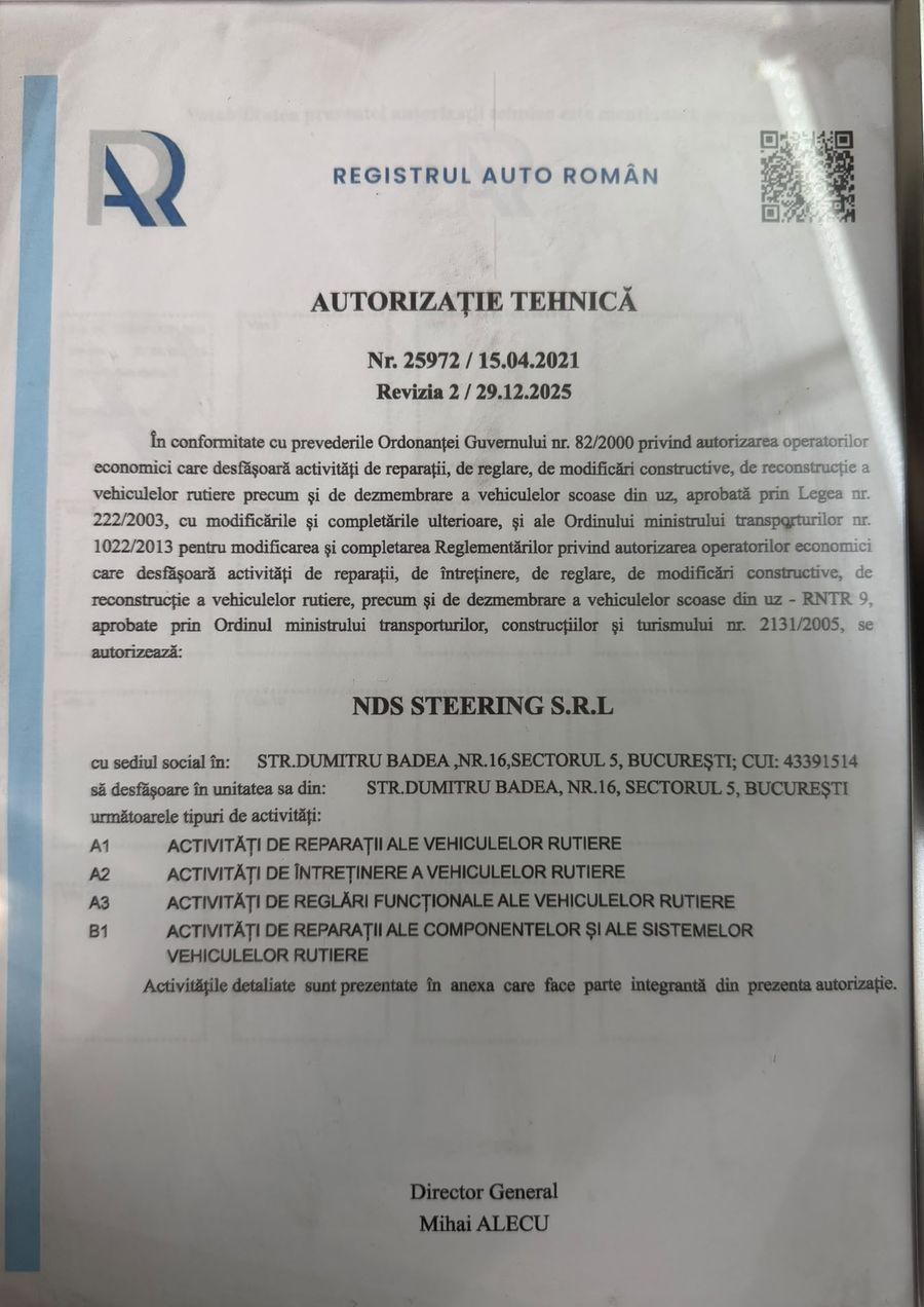 Autorizația tehnică RAR nr. 25972 din 15.04.2021, revizia 2 din 29.12.2025, emisă pentru NDS STEERING S.R.L., CUI 43391514, pentru activitățile A1, A2, A3 și B1